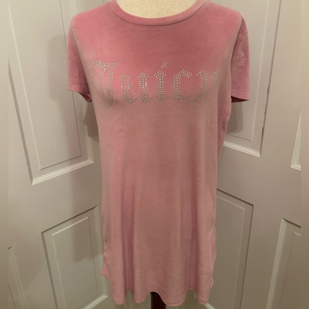 JUICY COUTURE Velour Baby Pink Sleep Shirt Women M Rhinestone Logo Y2K Lounge